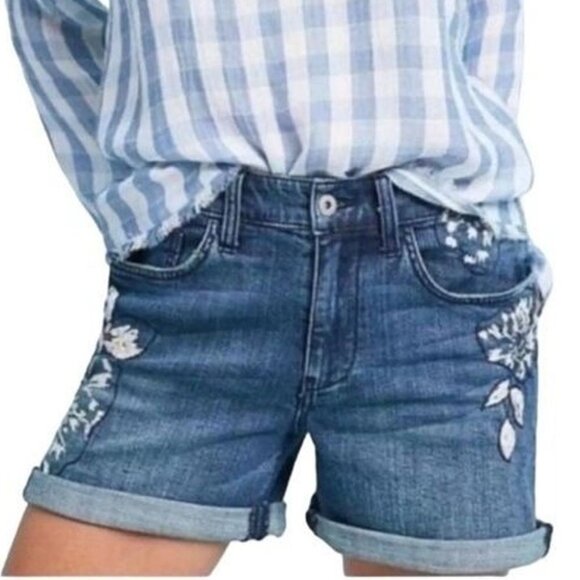 Pilcro Anthropologie Slim Boyfriend Shorts Floral Embroidered Beaded Denim Sz 29 - Picture 1 of 10
